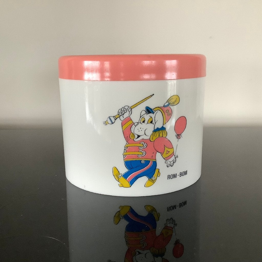 Retro kunststof voorraadpot ‘Rom Bom’ – hond-muzikant., Verzamelen, Ophalen of Verzenden, Huis en Inrichting