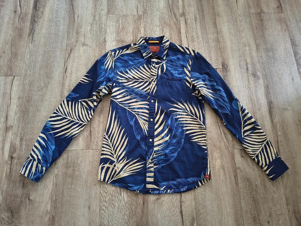 Prachtig blauw overhemd met palmbladeren Scotch&Soda, maat S, Blauw, Halswijdte 38 (S) of kleiner, Onb, Ophalen of Verzenden