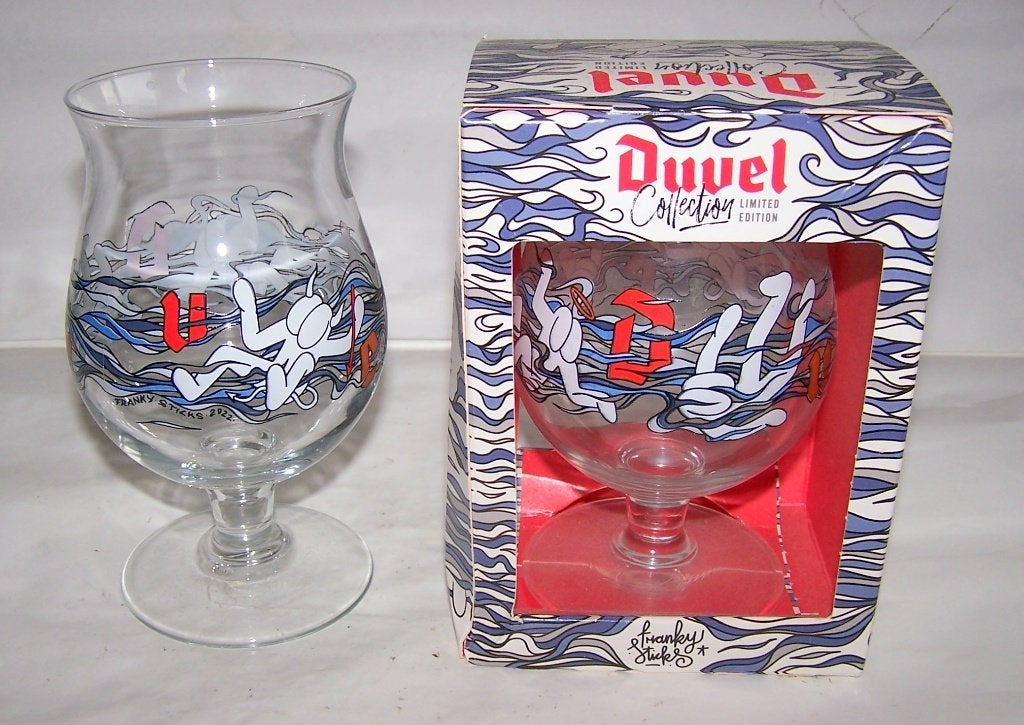 2 Duvel glazen Limited Edition Collection Franky Sticks. Nw., Ophalen of Verzenden, Nieuw, Bierglas