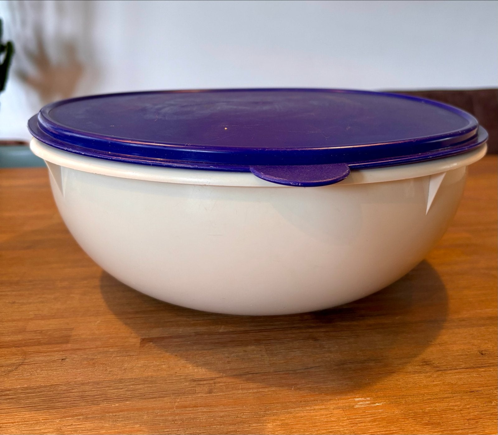 Grote ronde Tupperware bak wit met blauwe deksel, Wit, Ophalen of Verzenden, Zo goed als nieuw, Met deksel