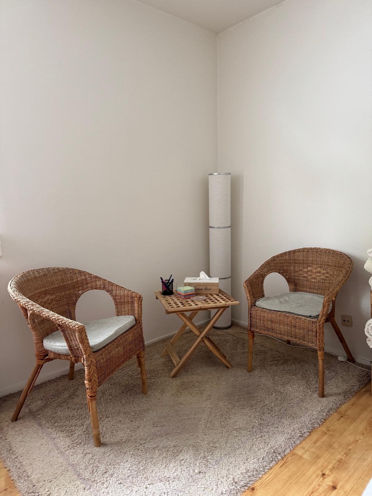 Set van 2 rotan stoelen met bijzettafel, Ophalen, Gebruikt, Twee, Bruin