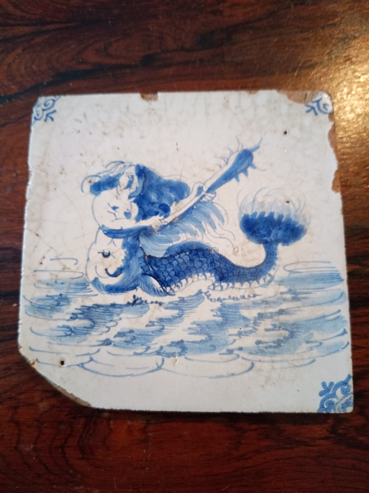 Antieke Delfts Blauwe Tegel met Zeewezen, Ophalen