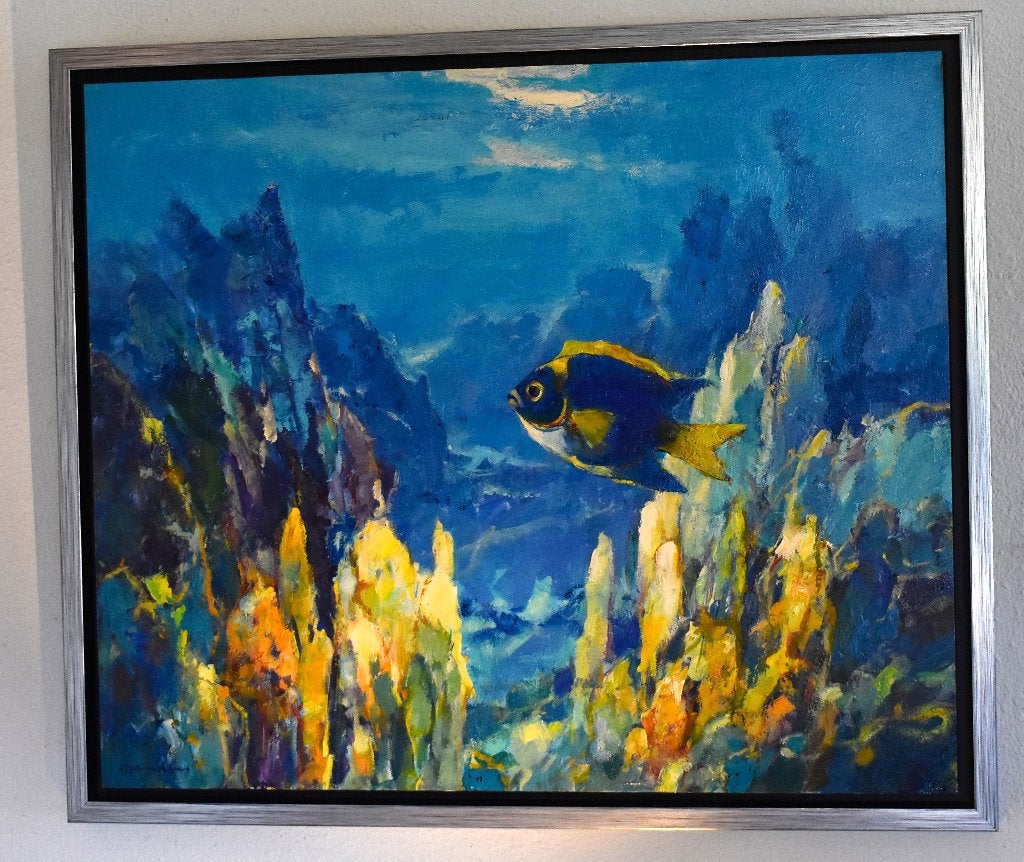 Frans Manders , tropische onderwater afbeelding op paneel., Ophalen