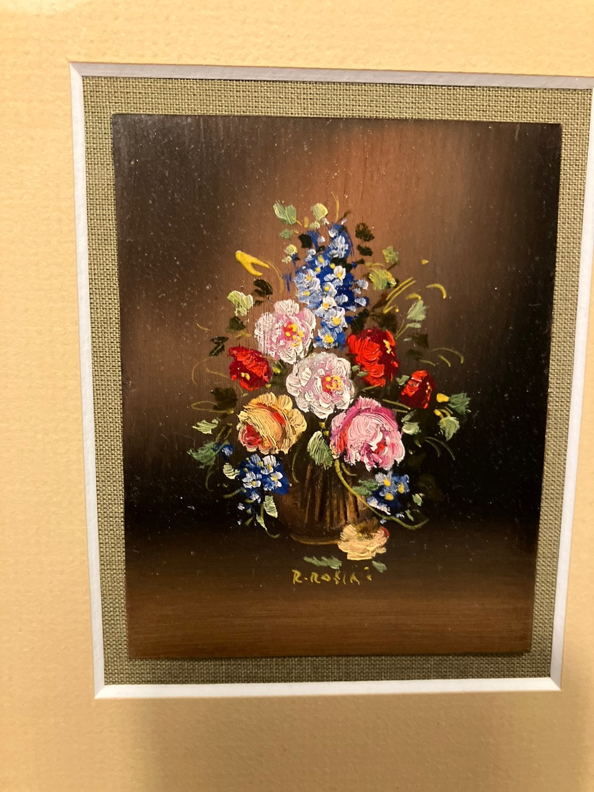 Exclusief Miniatuur Olieverf – R. Rosini – Prof. Ingelijst, Bloemen, Gesigneerd, Ophalen of Verzenden, Olieverf