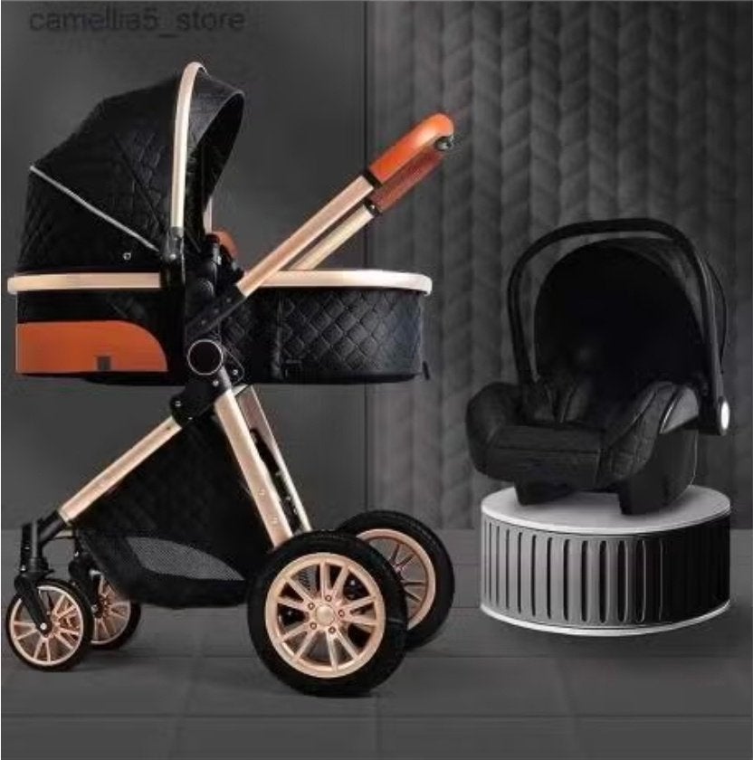 3-in-1 Kinderwagen Set (Goud/Zwart/Leder, Kinderen en Baby's, Kinderwagens en Combinaties, Gebruikt, Met autostoeltje, Ophalen