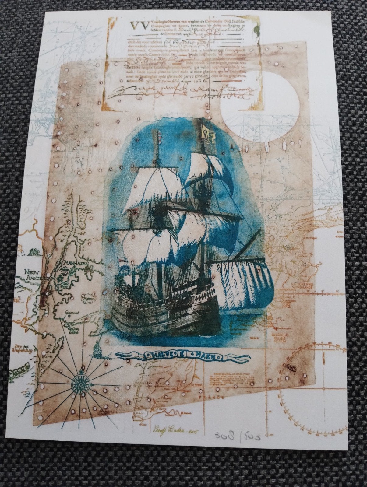 De Halve Maen - Zeefdruk door Leentje Linders (2015), Antiek en Kunst, 2000 tot heden, Cartografie, Ophalen of Verzenden, Zeefdruk