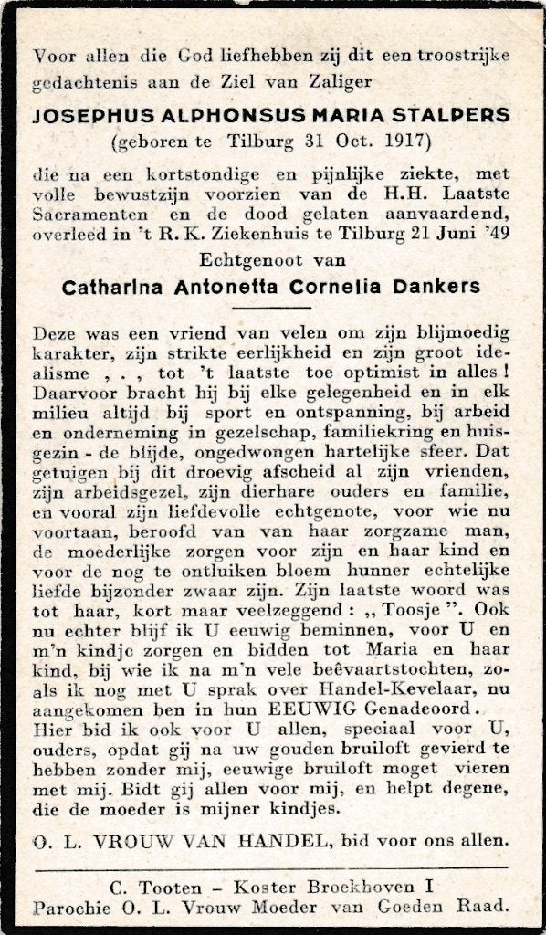 Stalpers Josephus 1917 Tilburg 1949, Ophalen of Verzenden, Bidprentje