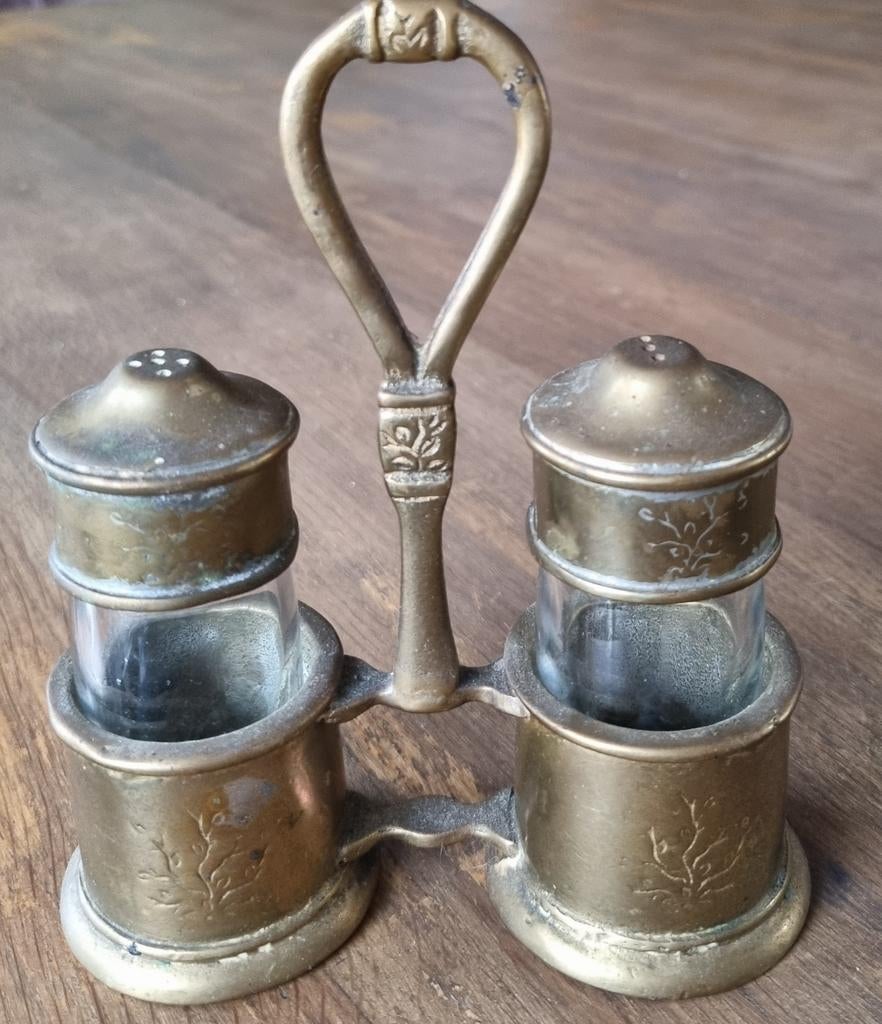 Antieke messing zout en peperstel, Antiek en Kunst, Ophalen of Verzenden