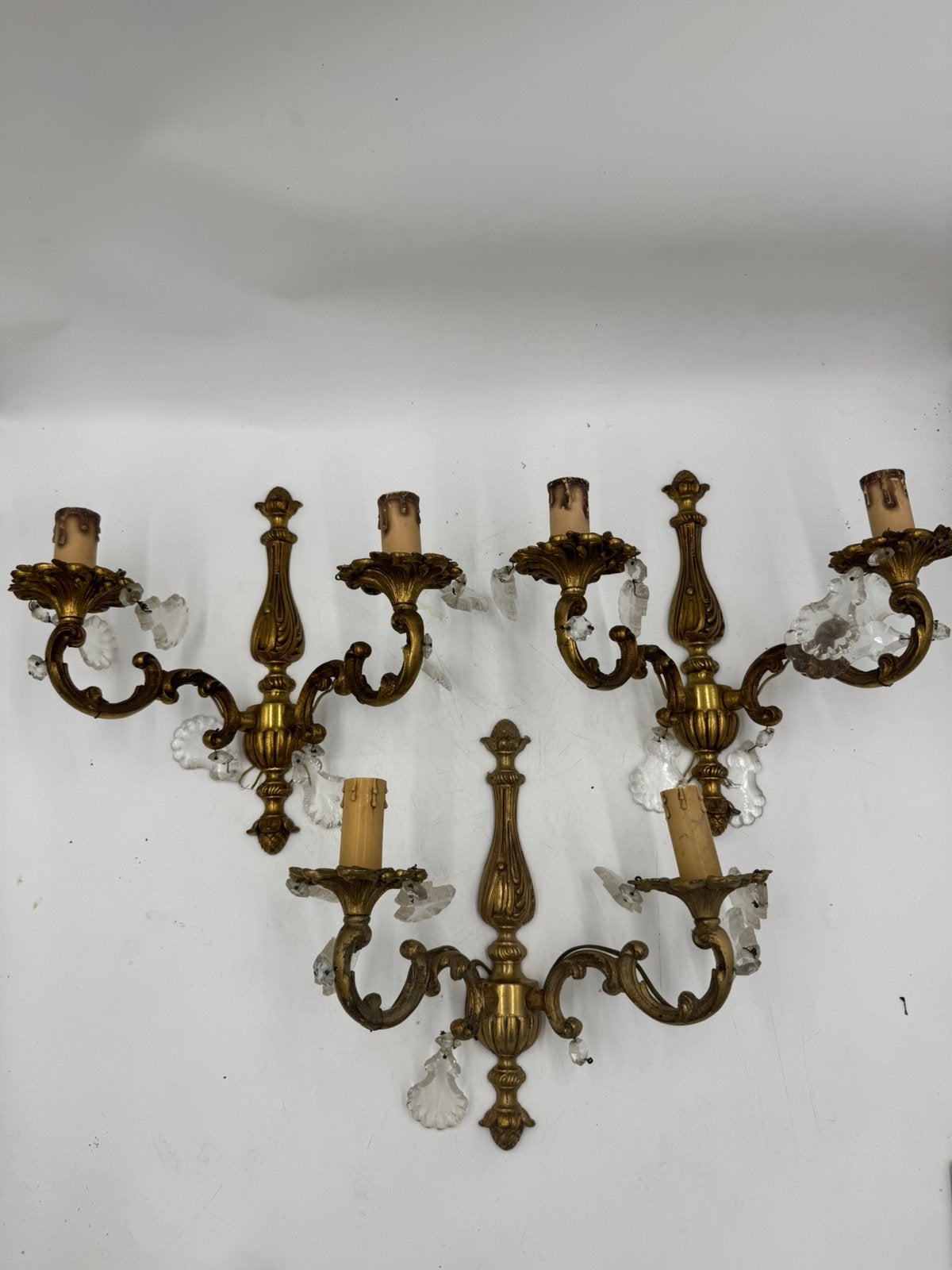 Antieke Set van 3 Franse Wandlampen | Brons /, Ophalen of Verzenden