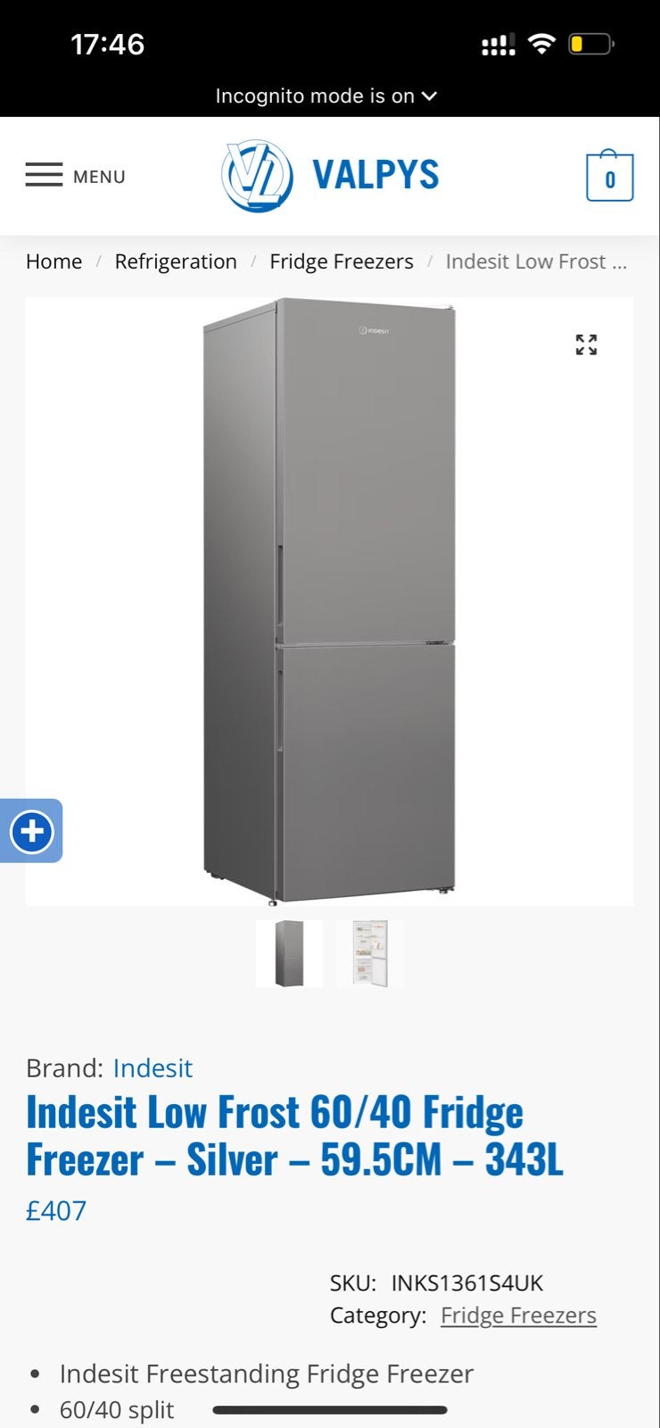 Indesit fridge and freezer, Ophalen, Gebruikt, 200 liter of meer, Met aparte vriezer