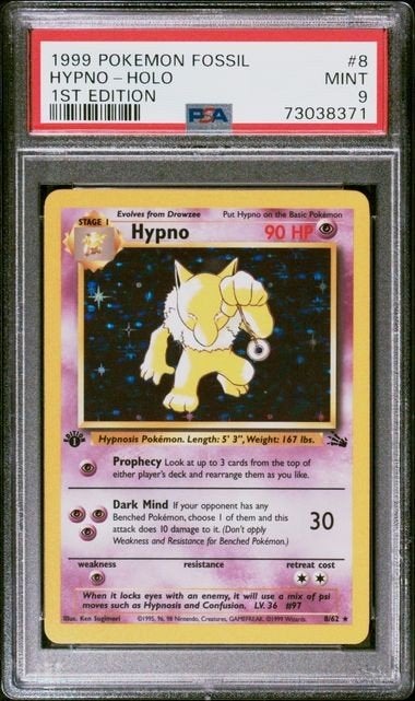 Pokemon Fossil Hypno 1st edition PSA9, Ophalen of Verzenden, Zo goed als nieuw