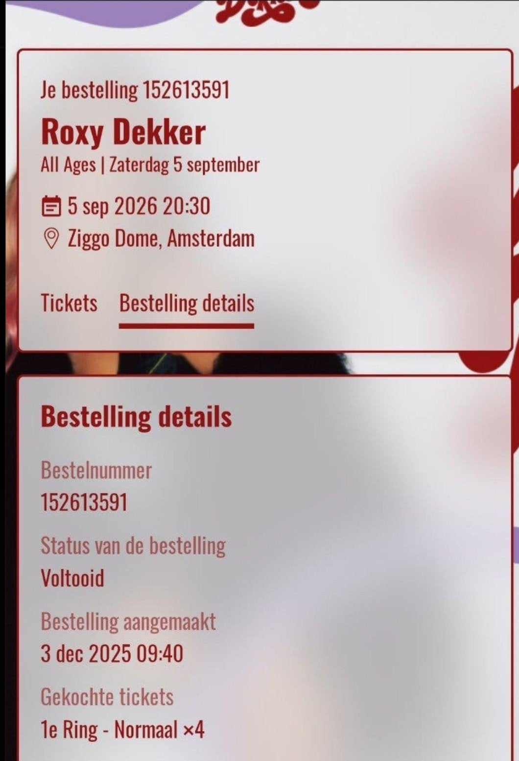 4x tickets 1e ring zitplaatsen Roxy Dekker, zaterdag 5 sept., Drie personen of meer, September