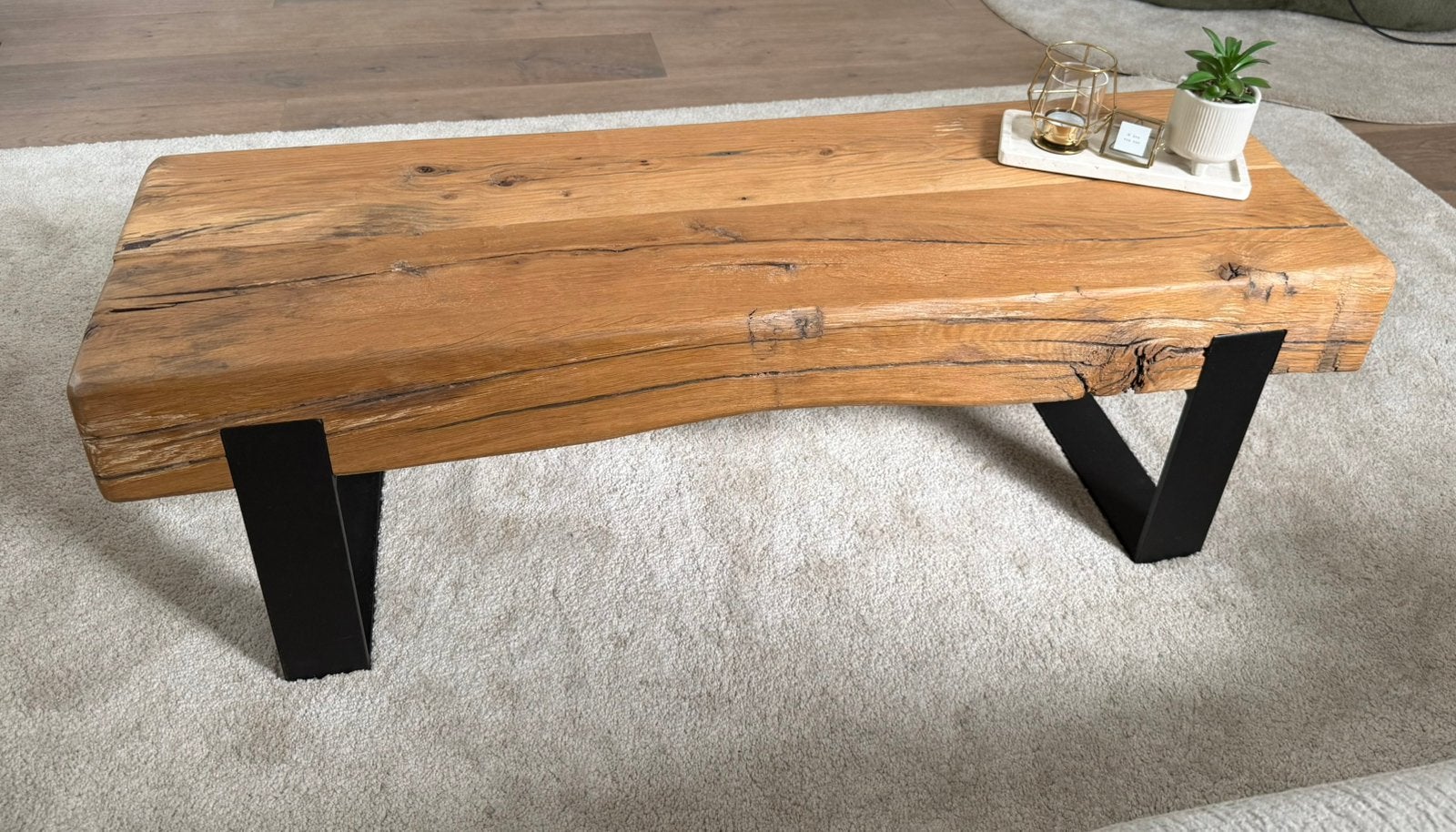 Robuuste massief eiken salontafel 120 cm, Ophalen, 100 tot 150 cm, Eikenhout, Zo goed als nieuw