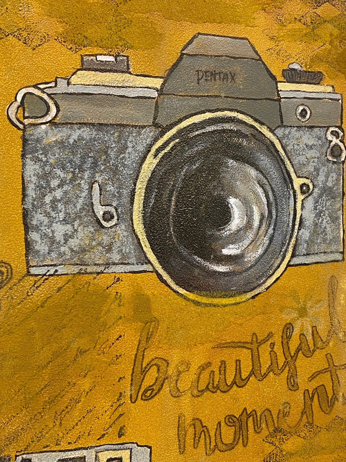 Schilderij Oude Fotocamera's op Okergele Achtergrond, Ophalen, Overig onderwerp, Handgeschilderd, Olieverf