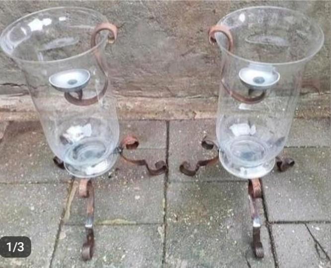 2 smeedijzer glazen windlichten + gratis waxine kaars houder, Ophalen