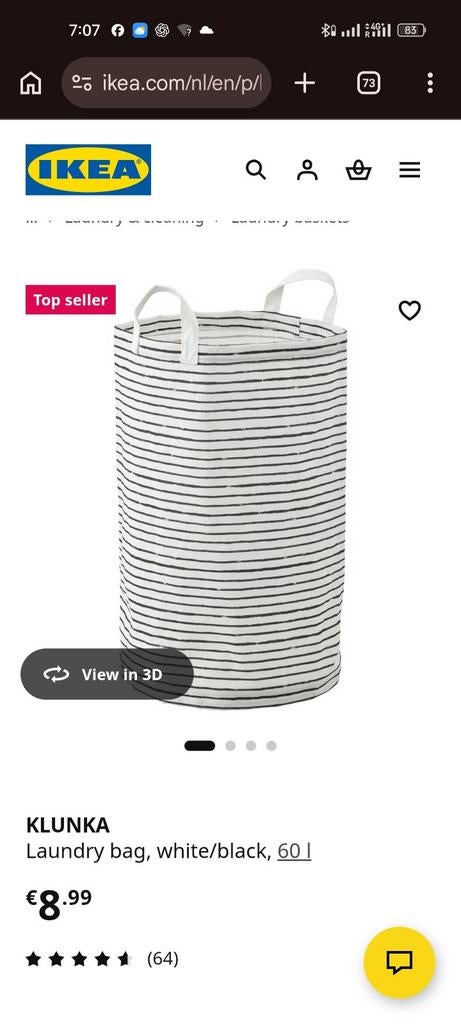 IKEA KLUNKA Waszak - 60L - Zwart/Wit gestreept, Ophalen, Overige materialen, Gebruikt, 40 liter of meer