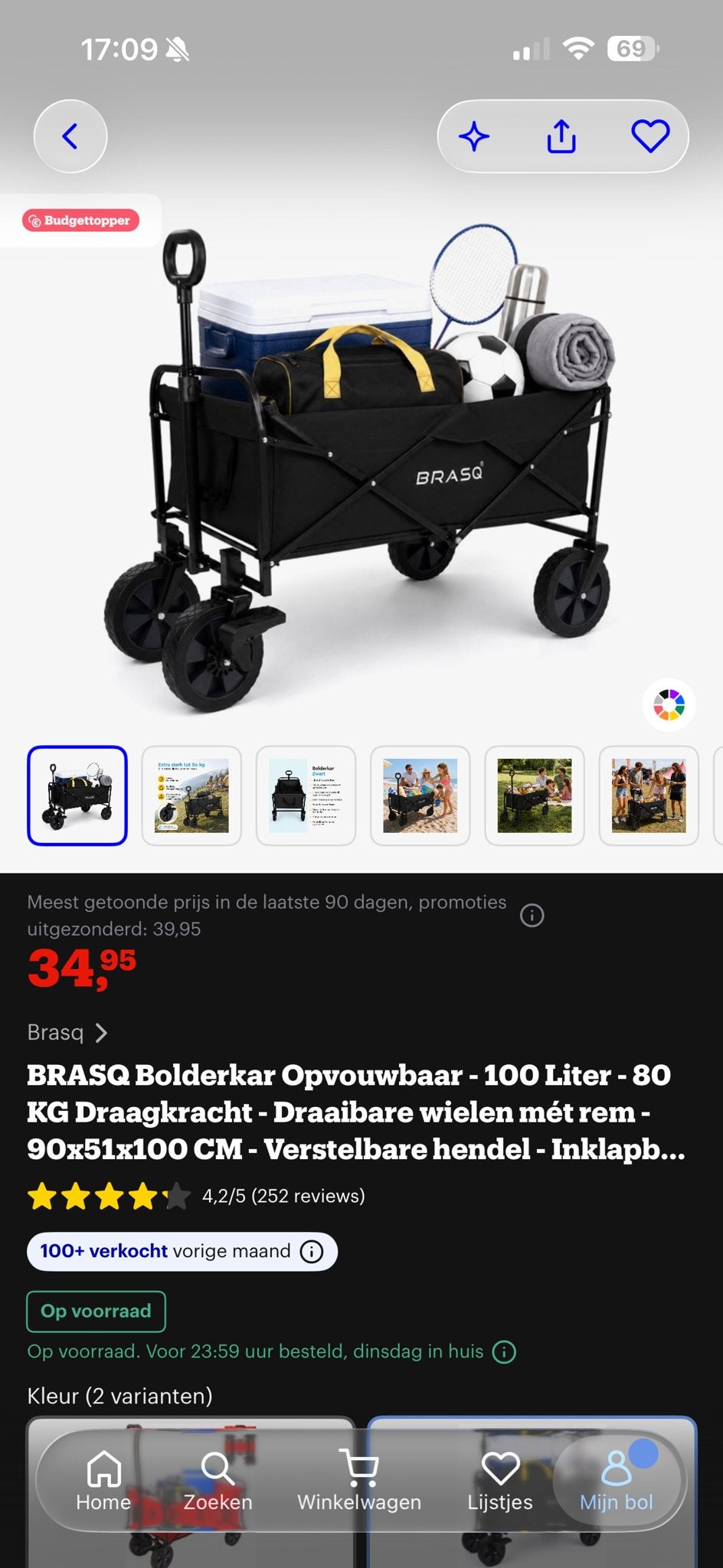 BRASQ Opvouwbare Bolderkar Zwart - 80 kg Draagkracht, Ophalen, Opvouwbaar, Nieuw