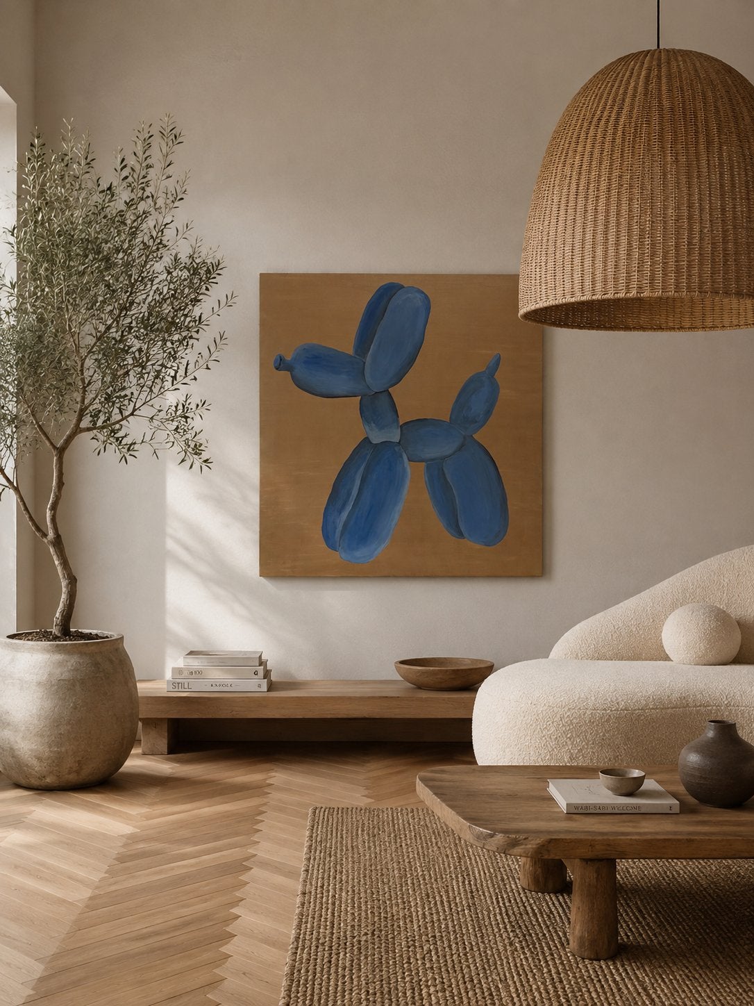 Balloon dog schilderij goud delfts blauw paneel doek lijst, Ophalen