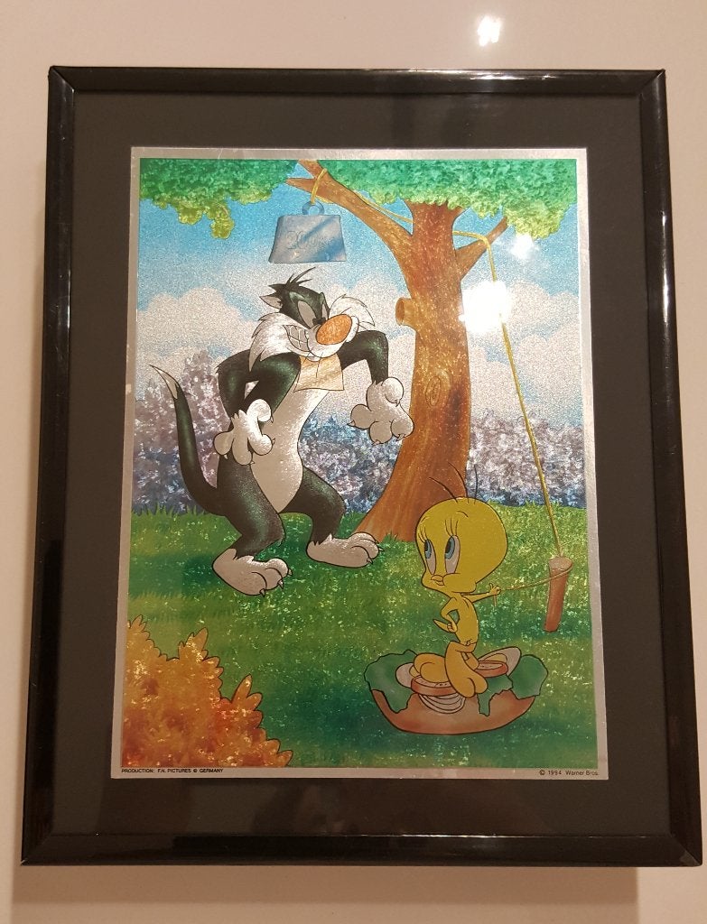 Tweety en Sylvester: 1994 Looney Tunes folieprent, Ophalen of Verzenden, Looney Tunes, Gebruikt, Plaatje, Poster of Sticker