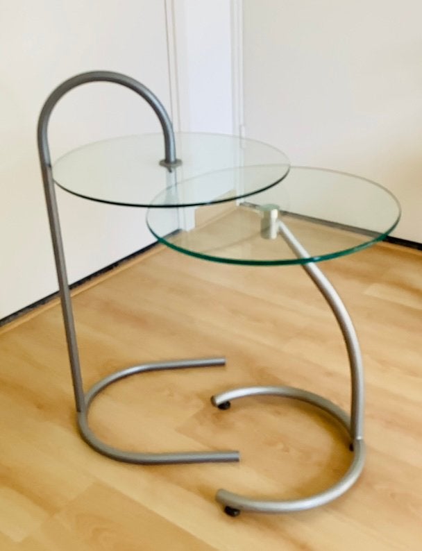 2 (IKEA) vintage bijzettafels glazen bladen en metalen frame, Ophalen, Zo goed als nieuw