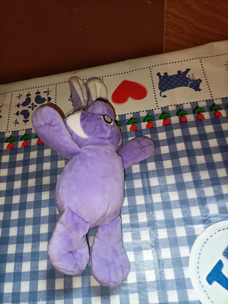 Nutricia paars konijn knuffel 30 cm gemeten met oren, Ophalen of Verzenden, Zo goed als nieuw
