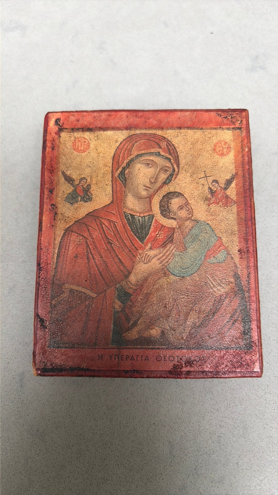 Mooie Griekse houten icoon Moeder van God (Theotokos), Antiek en Kunst, Ophalen of Verzenden