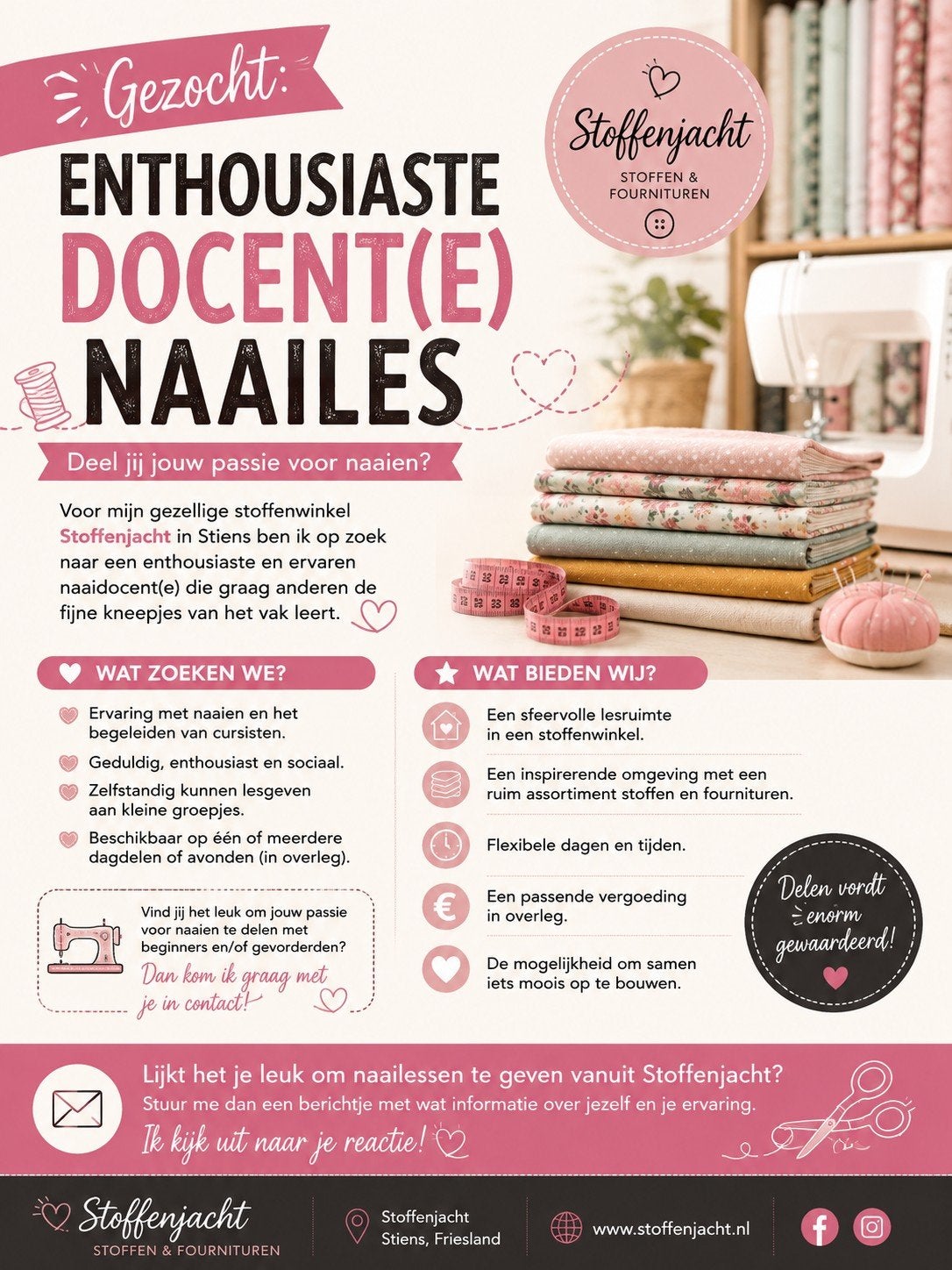 GEZOCHT: Enthousiaste docent(e) naailes ️, Ophalen, Nieuw