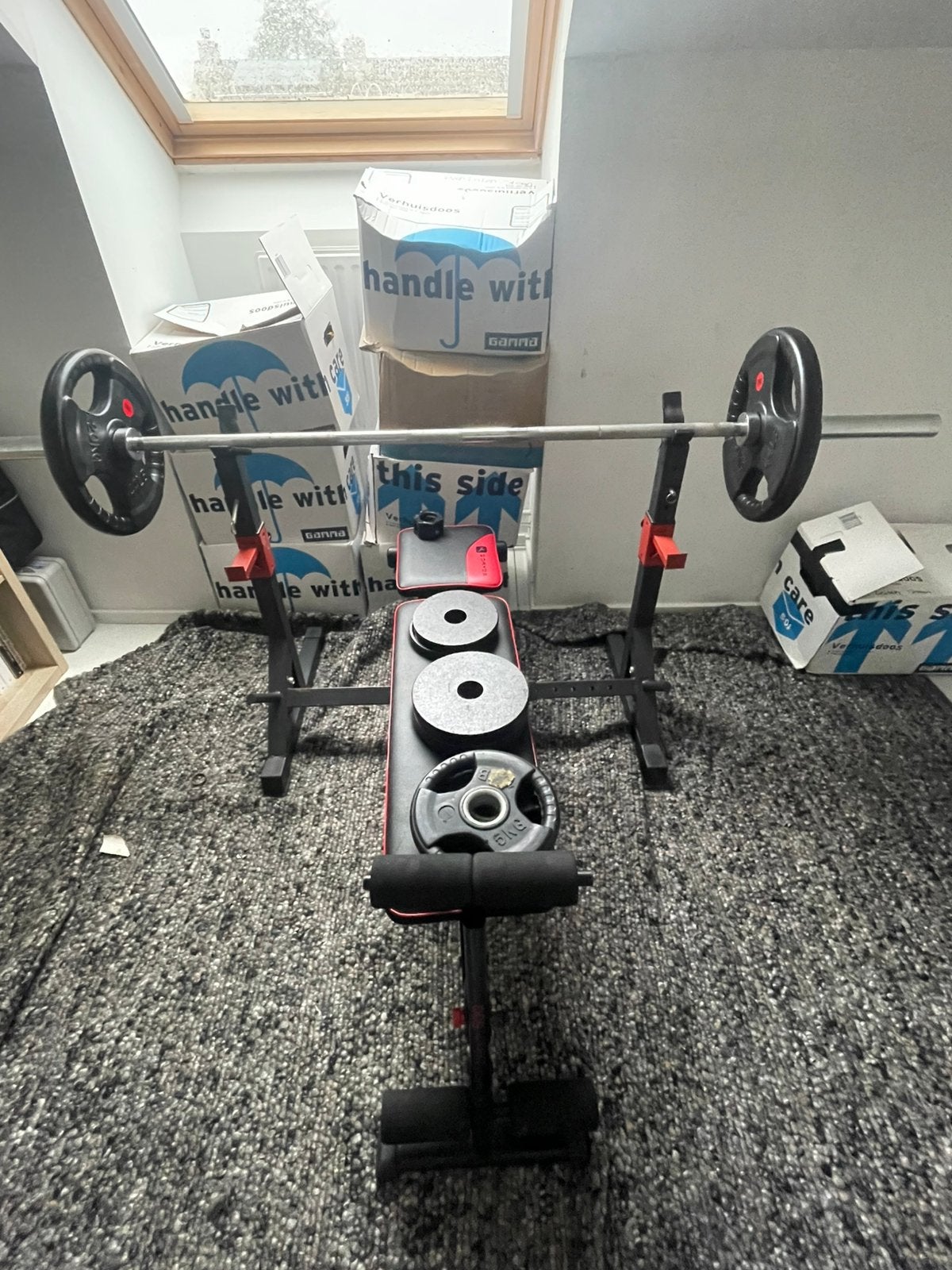 Domyos Olympische bench press + bar, Ophalen, Zo goed als nieuw, Dumbbell