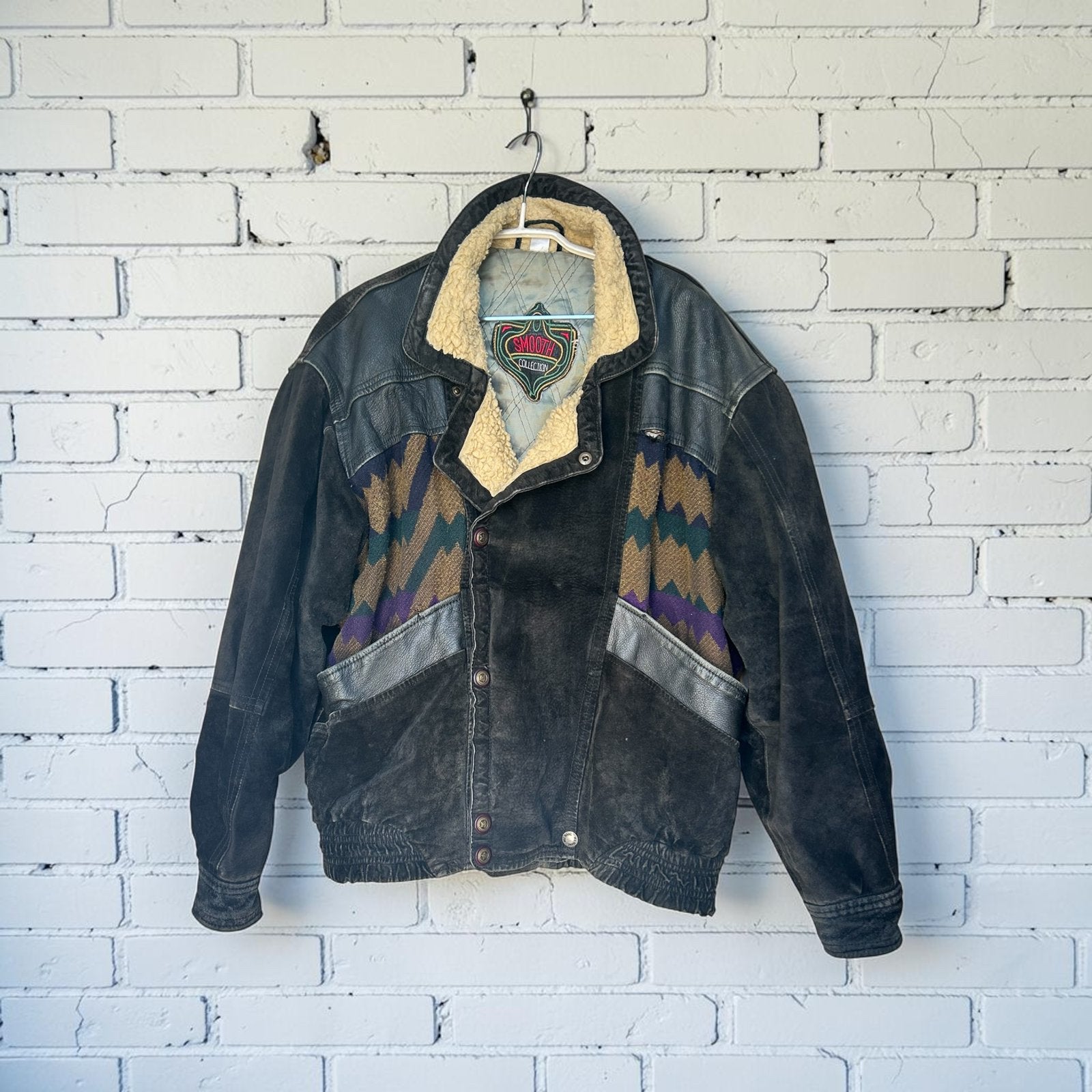 Vintage Jas 48/50 Zwart Multikleur Leer Bomberjack Smooth, Zwart, Smooth Collection, Gedragen, V