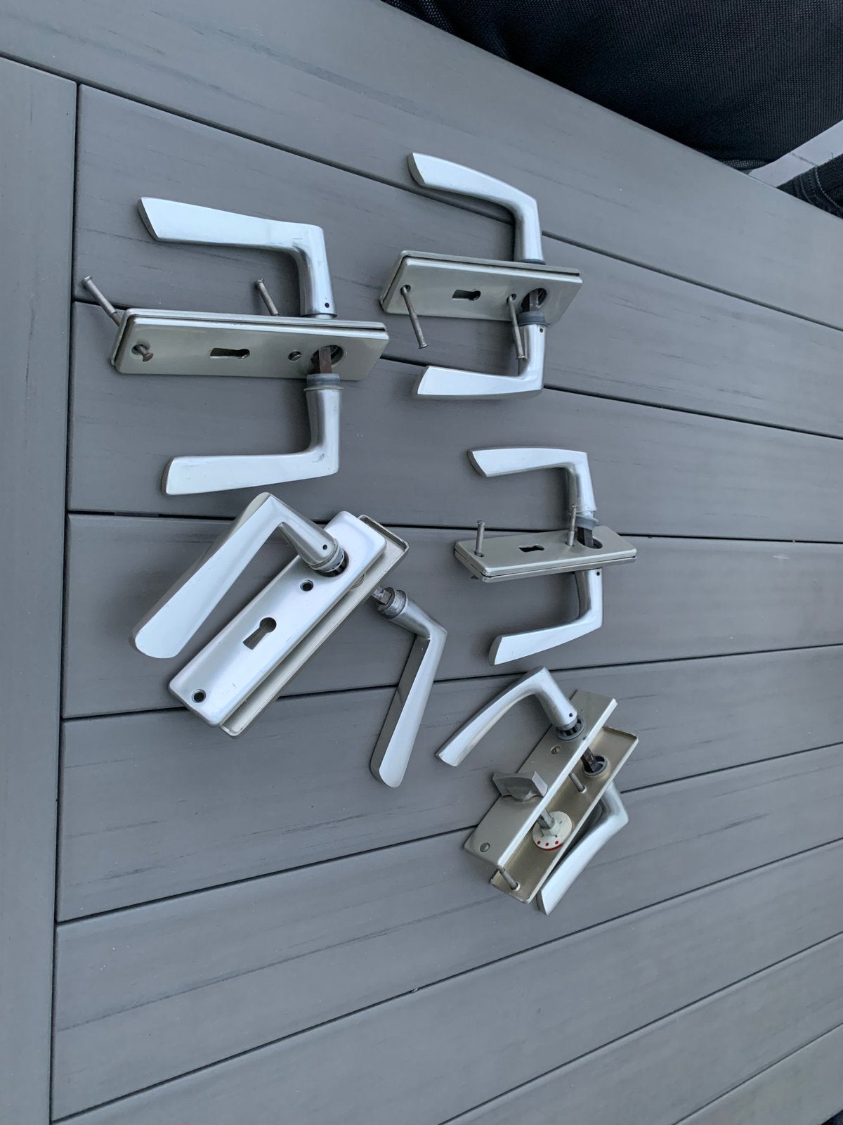 Set van 6 gebruikte deurklinken met schild, Ophalen of Verzenden, Gebruikt, Rvs, Klink of Kruk
