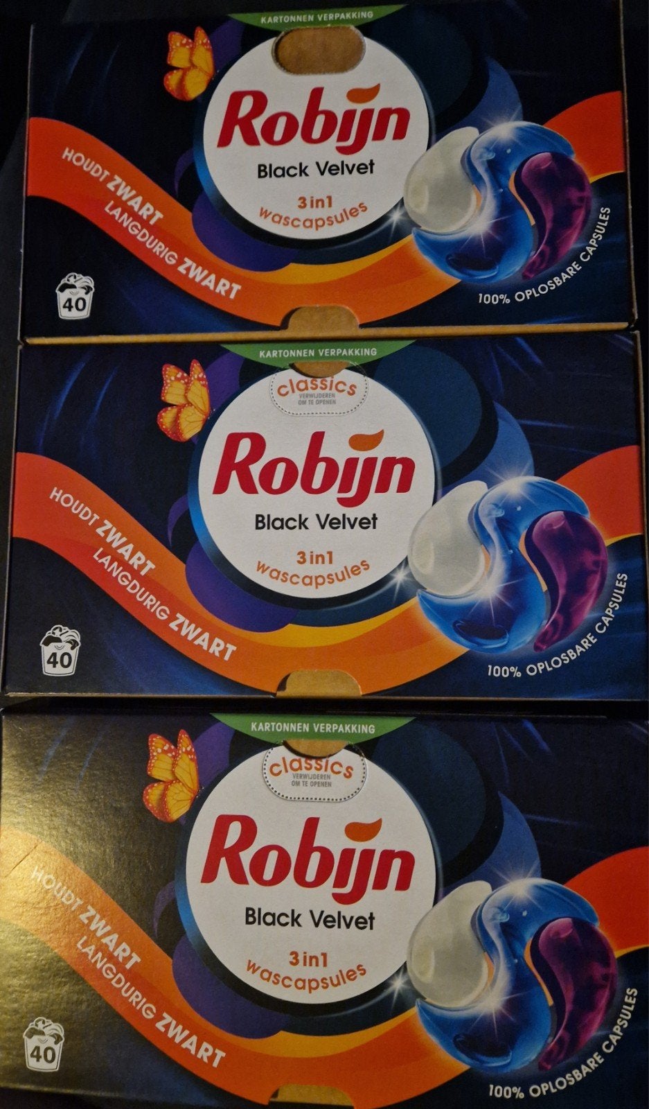 3x Robijn Black Velvet 3 in 1 waspods 118 wasbeurten, Ophalen of Verzenden