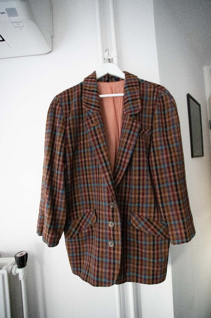 Wollen blazer met gekleurd ruitjespatroon vintage maat L, Meerkleurig, Maat 42/44 (L), Ophalen of Verzenden, Vintage