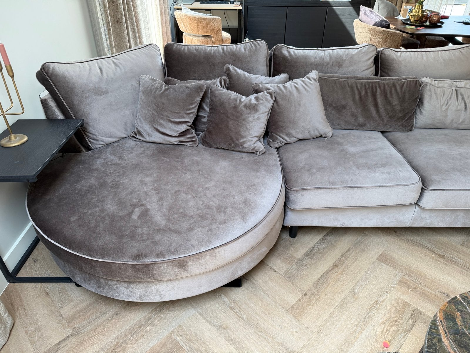 Luxe Grijze Hoekbank met Chaise Longue en Ronde Zithoek, Ophalen, Hoekbank, 300 cm of meer, Zo goed als nieuw