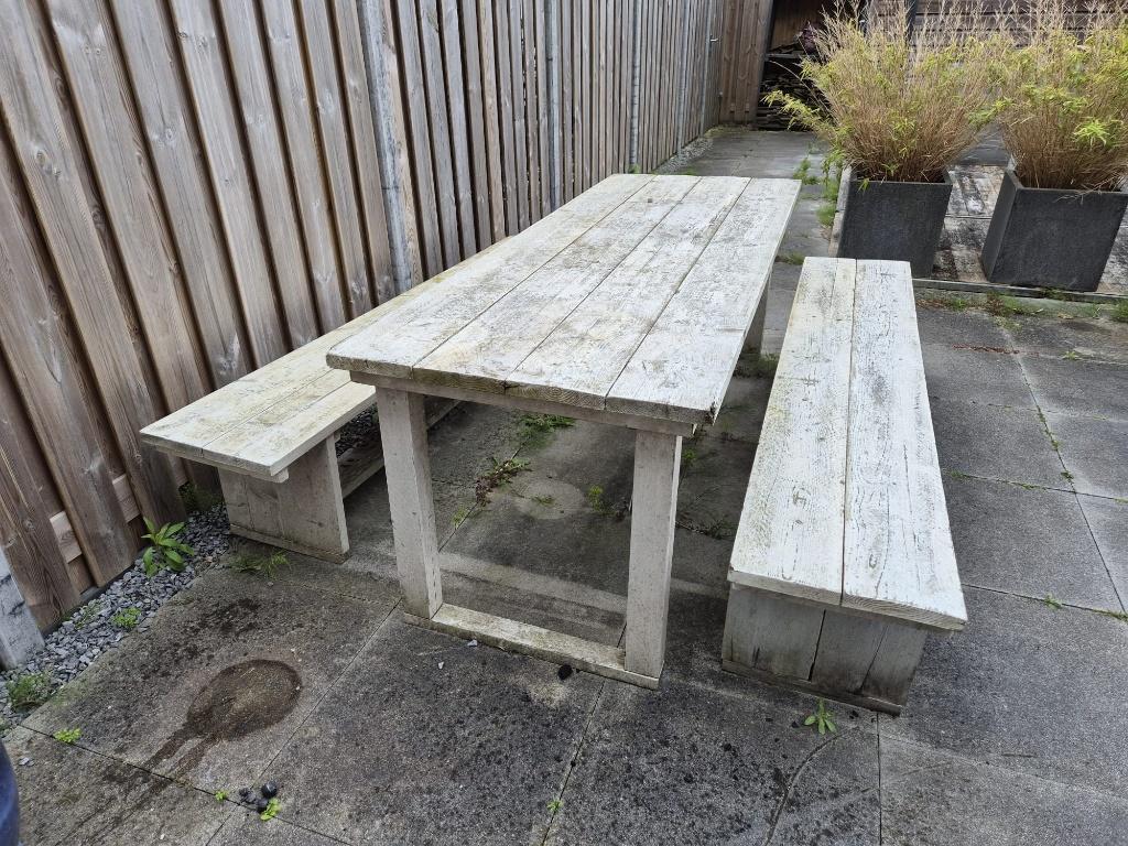 Picknicktafel + banken, Tuin en Terras, Picknicktafels, Ophalen, Gebruikt, Rechthoekig, Hout