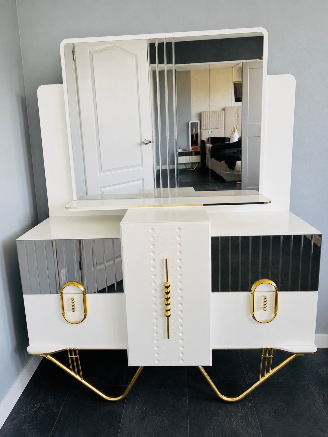 Luxury Cream & Gold Dressing Table with Large Mirror, Huis en Inrichting, Ophalen, Zo goed als nieuw