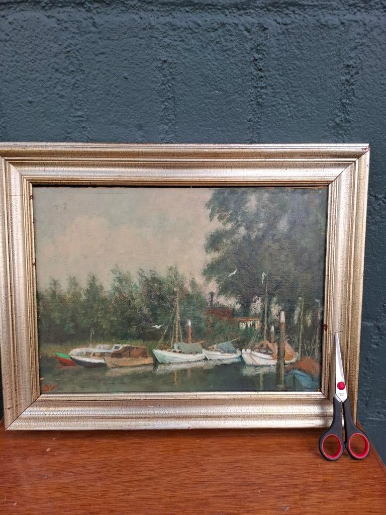 Oud schilderij met boten in een haven - gesigneerd, Antiek en Kunst, Kunst | Schilderijen | Klassiek, Ophalen