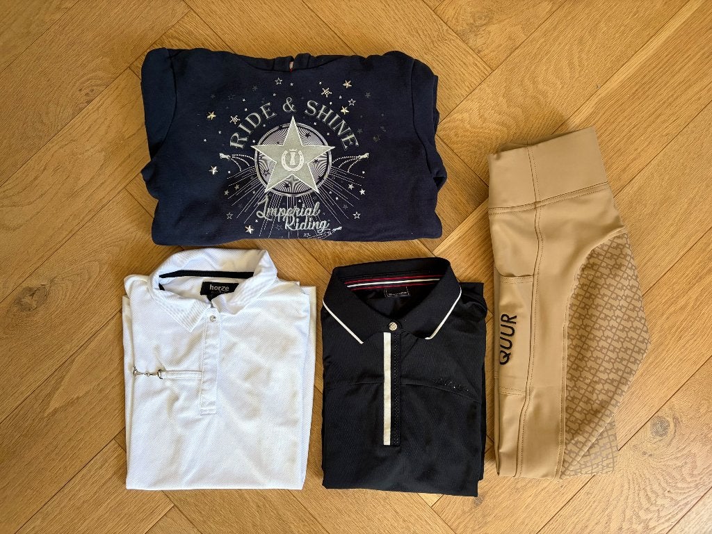 Paardenkleding polo’s, rijbroek met siliconen en hoodie, Ophalen of Verzenden, Zo goed als nieuw, Dames, Recreatie
