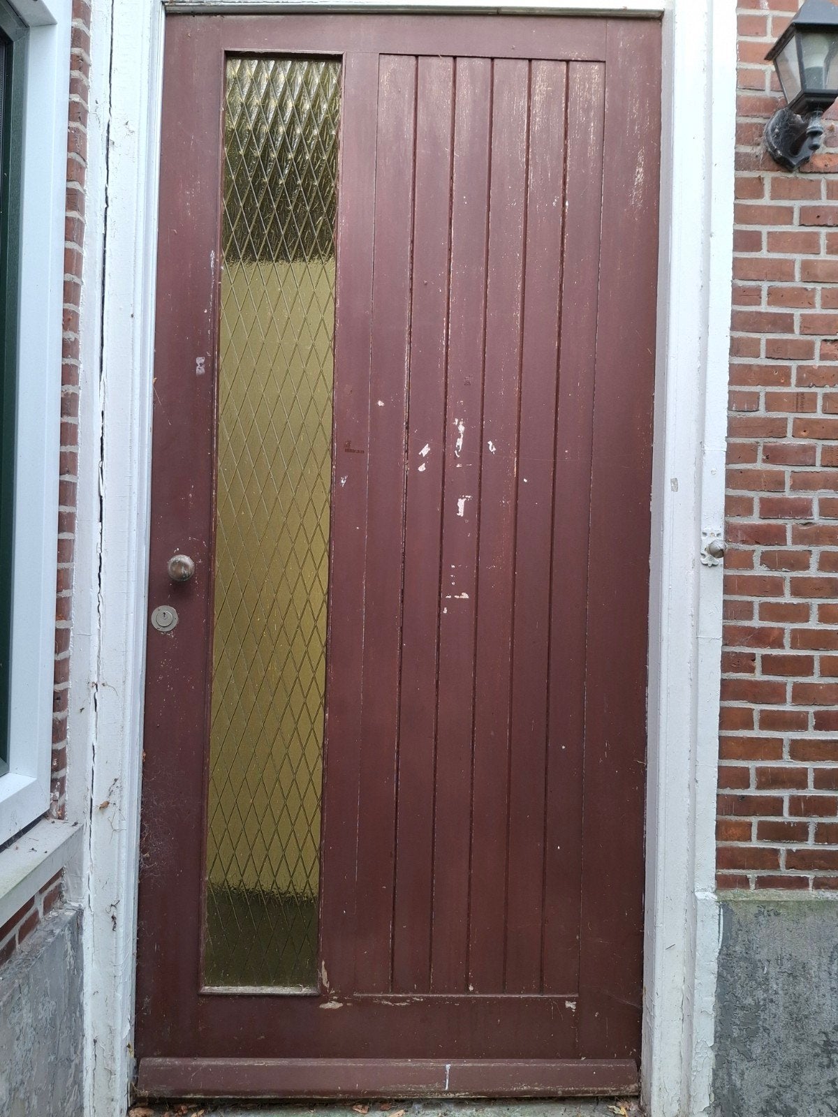 Zware hardhouten buitendeur met glas, gebruikt als voordeur, Gebruikt, 215 cm of meer, Buitendeur, Glas