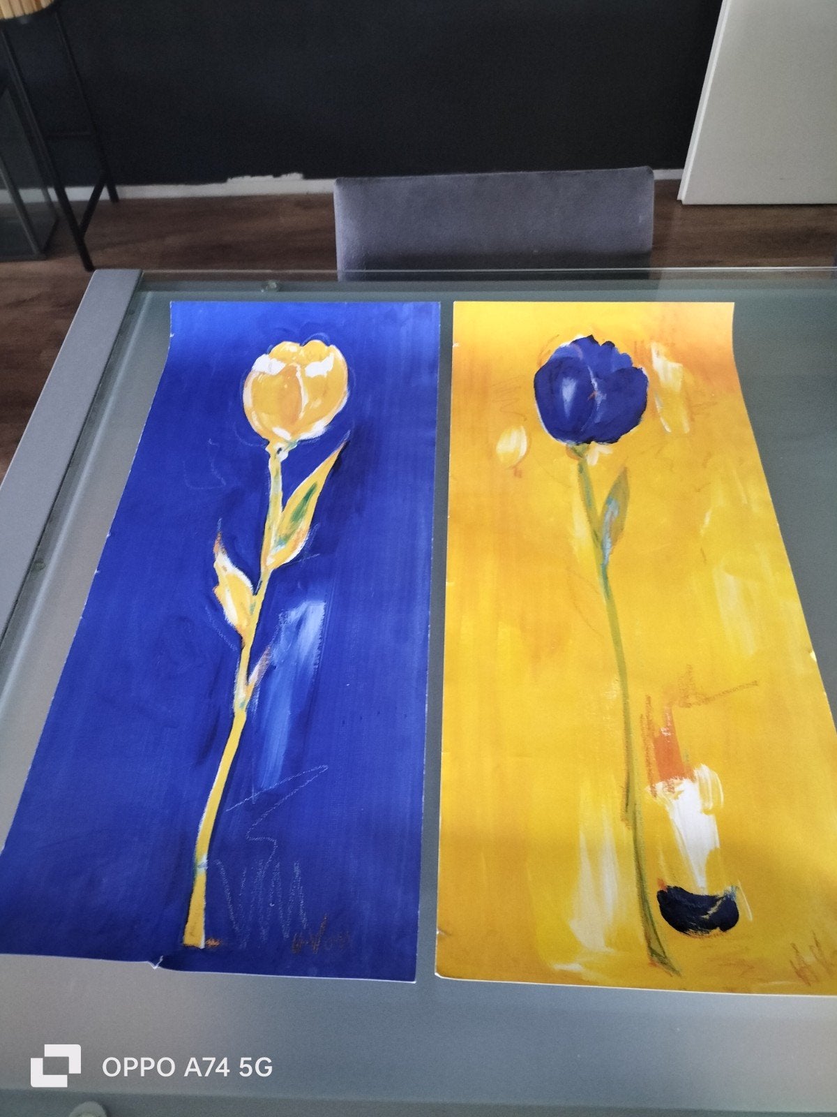 Set van 2: Abstracte bloemen op blauw en geel, Ophalen of Verzenden