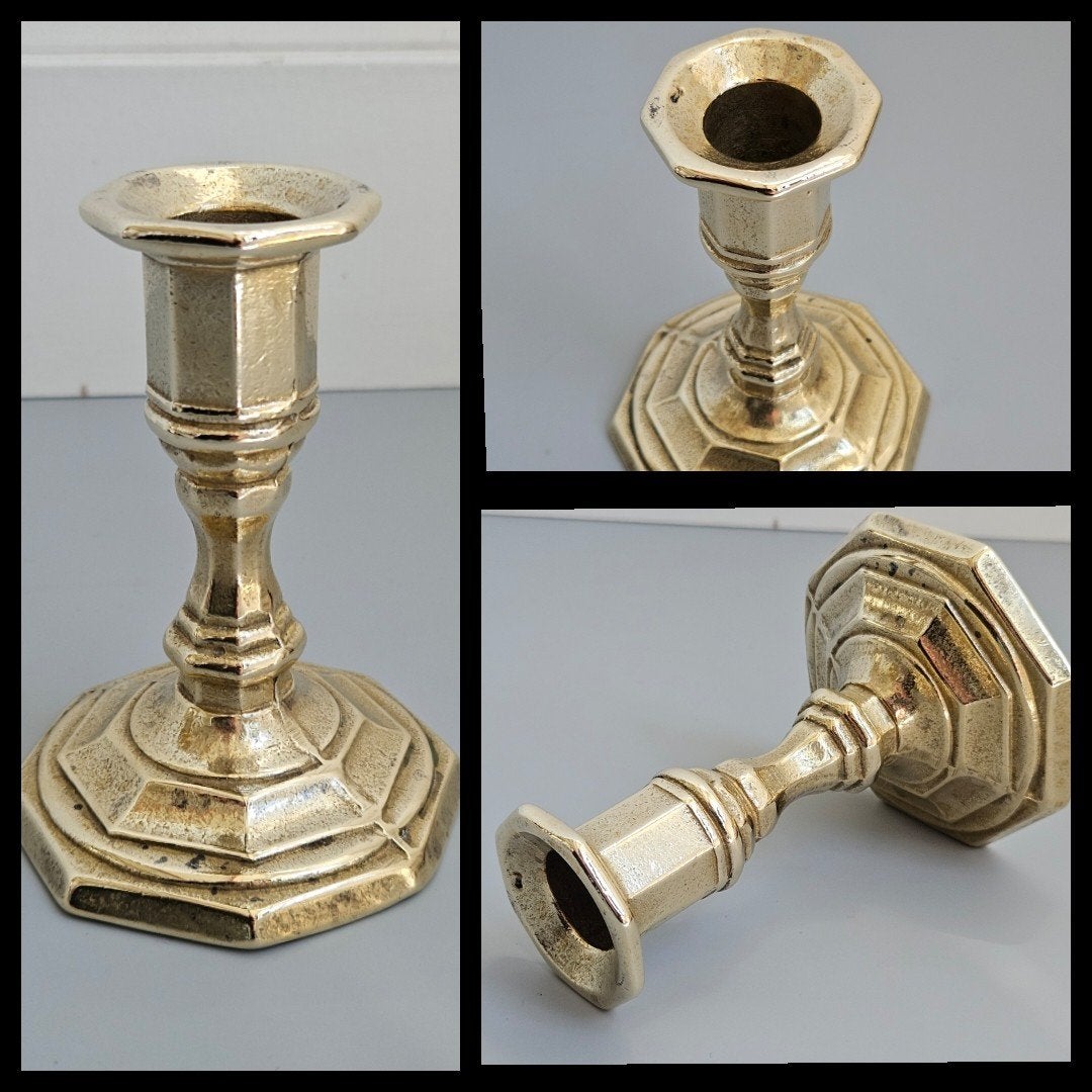 Antiek koper,  geel koperen éénlichts kandelaar, Antiek en Kunst, Ophalen of Verzenden, Koper of Brons
