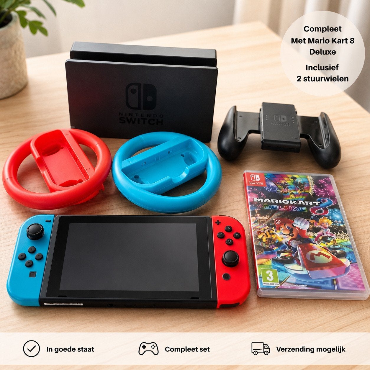 Nintendo Switch met Mario Kart 8 Deluxe en accessoires, Spelcomputers en Games, Spelcomputers | Nintendo Switch, Zo goed als nieuw