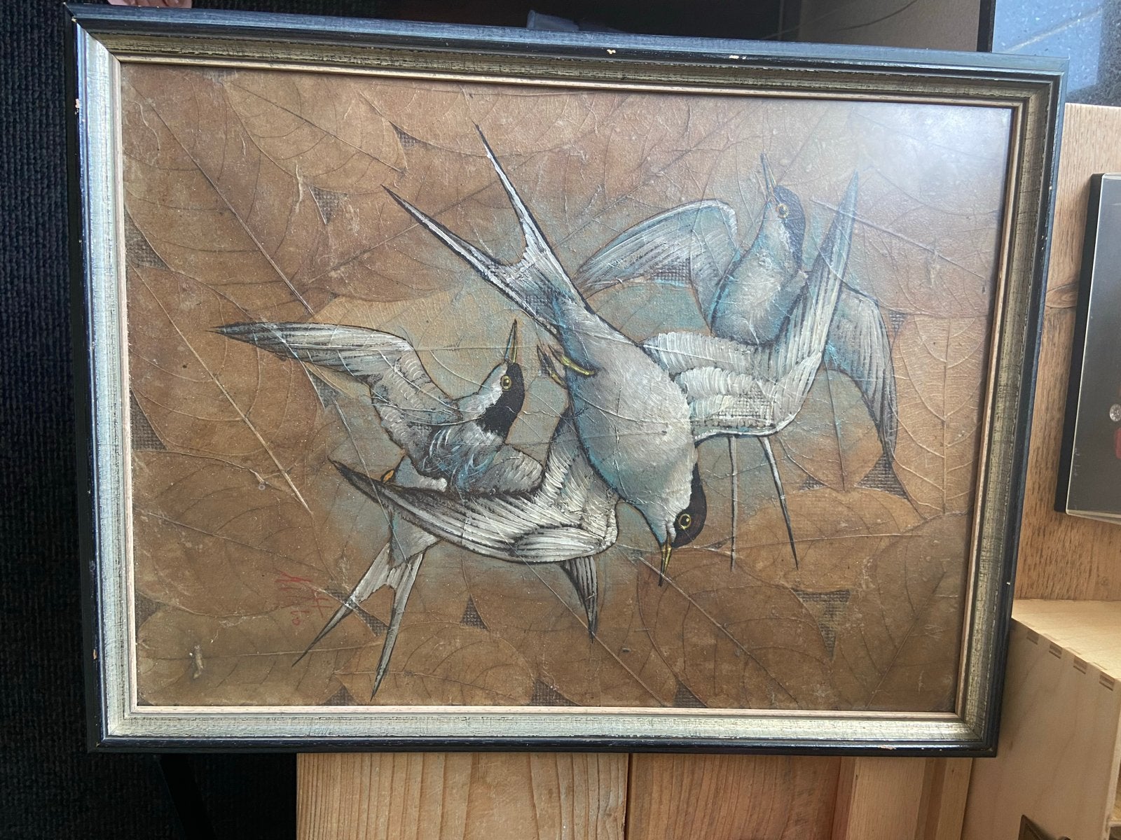 Uniek schilderij van vogels op gedroogde bladeren, Ophalen, Overige ondergronden, Dieren, Gesigneerd