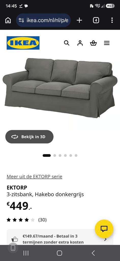 IKEA EKTORP 3-zitsbank - Zo goed als nieuw!, Huis en Inrichting, Banken | Sofa's en Chaises Longues, Ophalen, Driepersoons, 75 tot 100 cm