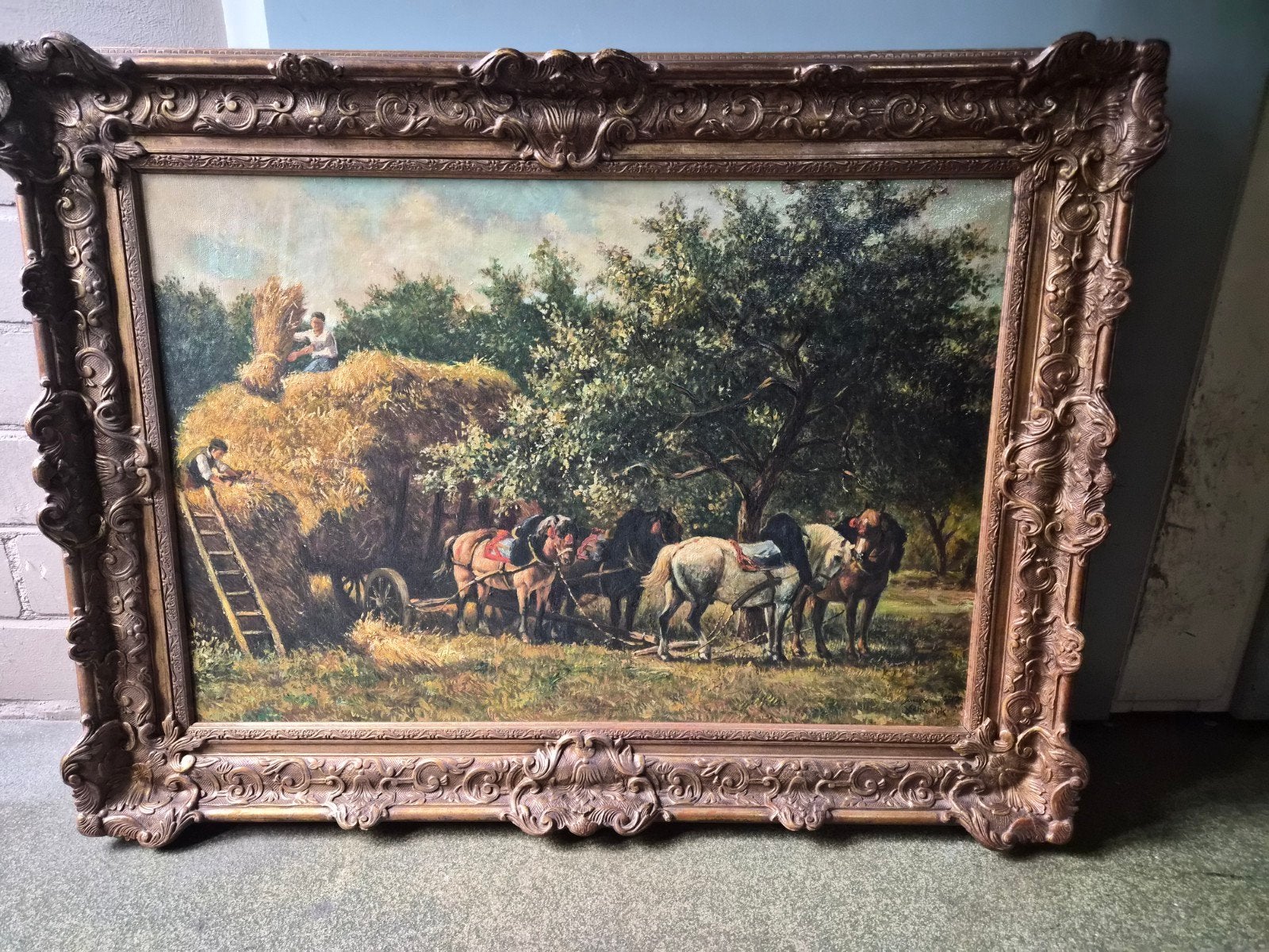 Groot Schilderij Oogsttafereel met Paarden en Boeren, Ophalen, Doek, Bijzondere lijst, Olieverf
