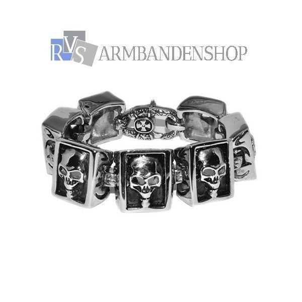 Rvs bikers armband " Skull " 21 cm Rvs zilver staal., Verzenden, Nieuw, Zilver, Staal