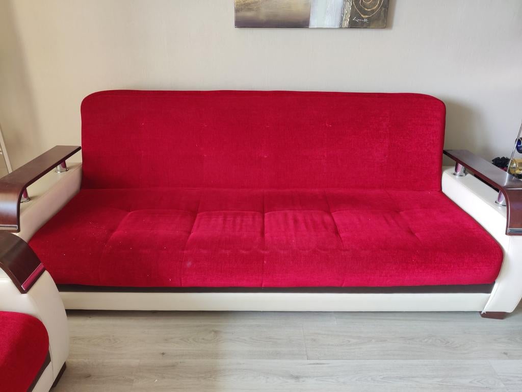 Twee retro banken (slaap), rood met wit, Ophalen, Gebruikt, 75 tot 100 cm