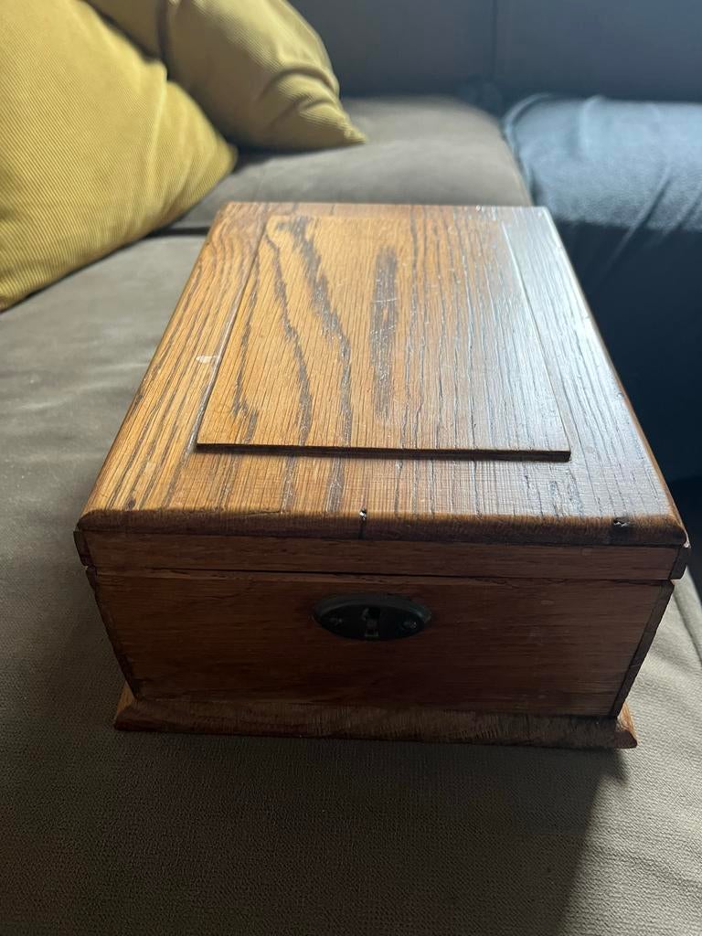 Vintage houten scheerkistje met complete scheerset, Ophalen of Verzenden