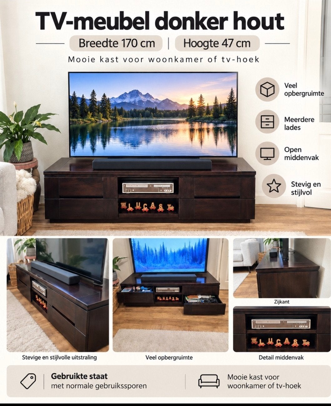 Mooi koloniaal tv-meubel van donker hout, Huis en Inrichting, Ophalen of Verzenden, Gebruikt, Overige houtsoorten