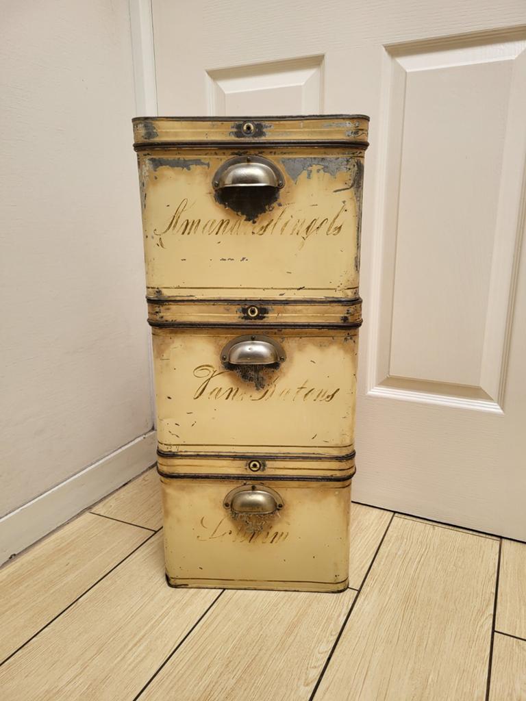 Antieke bakkersblikken, winkelblikken, set van drie., Antiek en Kunst, Ophalen of Verzenden