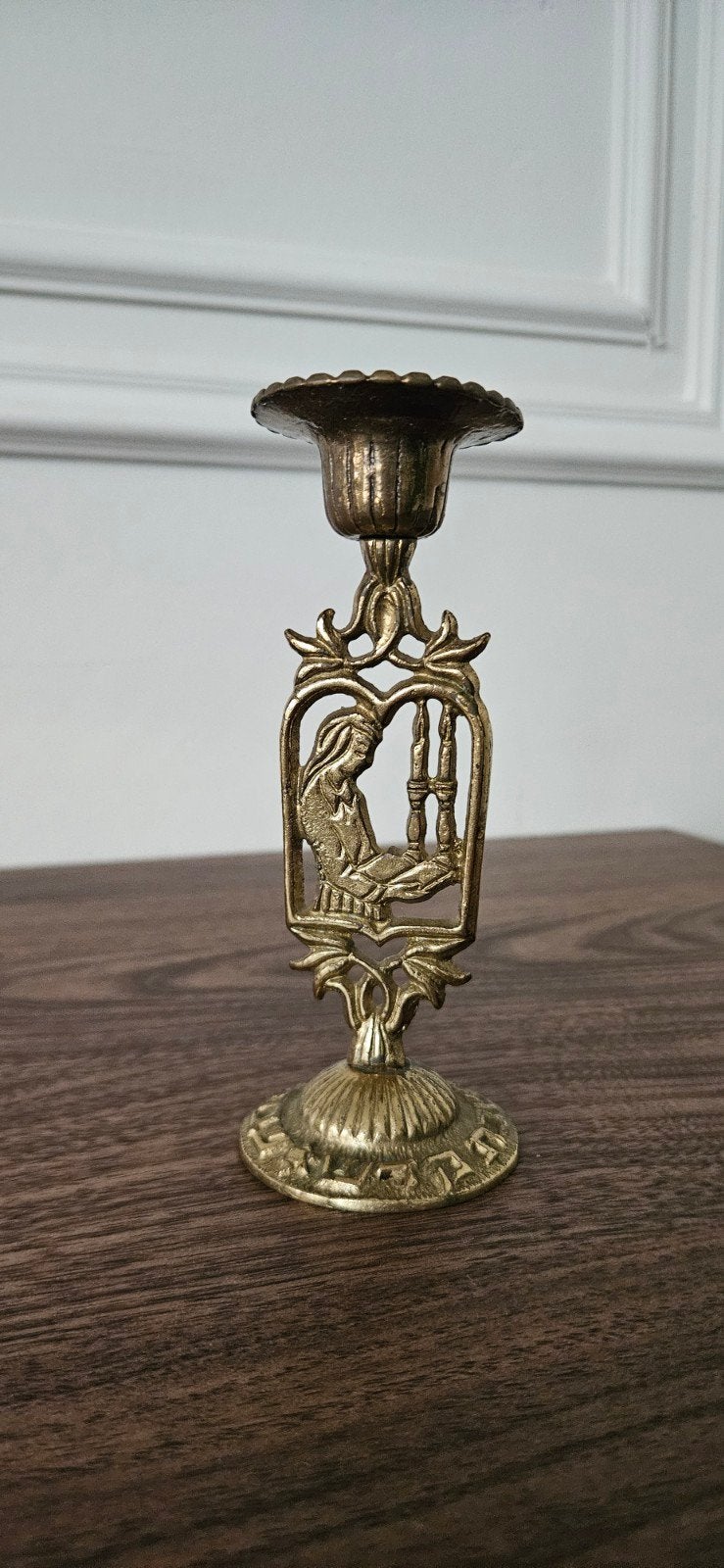 Vintage Koperen Kandelaar met Religieuze Afbeelding, Ophalen of Verzenden